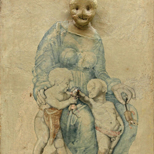 Omaggio a Raffaello: la Madonna dei topolini, 1972, Tecnica mista e rilievo, cm 115 x 90