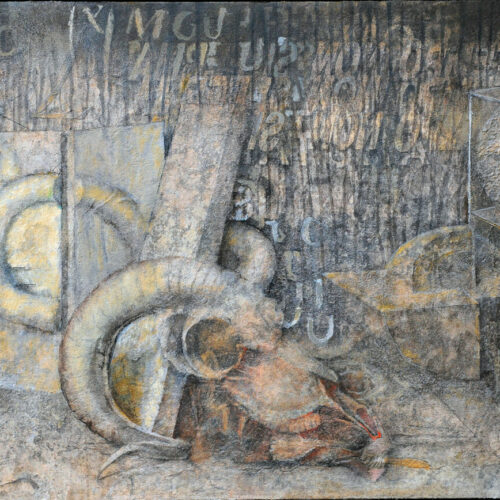 Natura morta con bucranio, 1991, Tecnica mista su tavola, cm 105 x 175